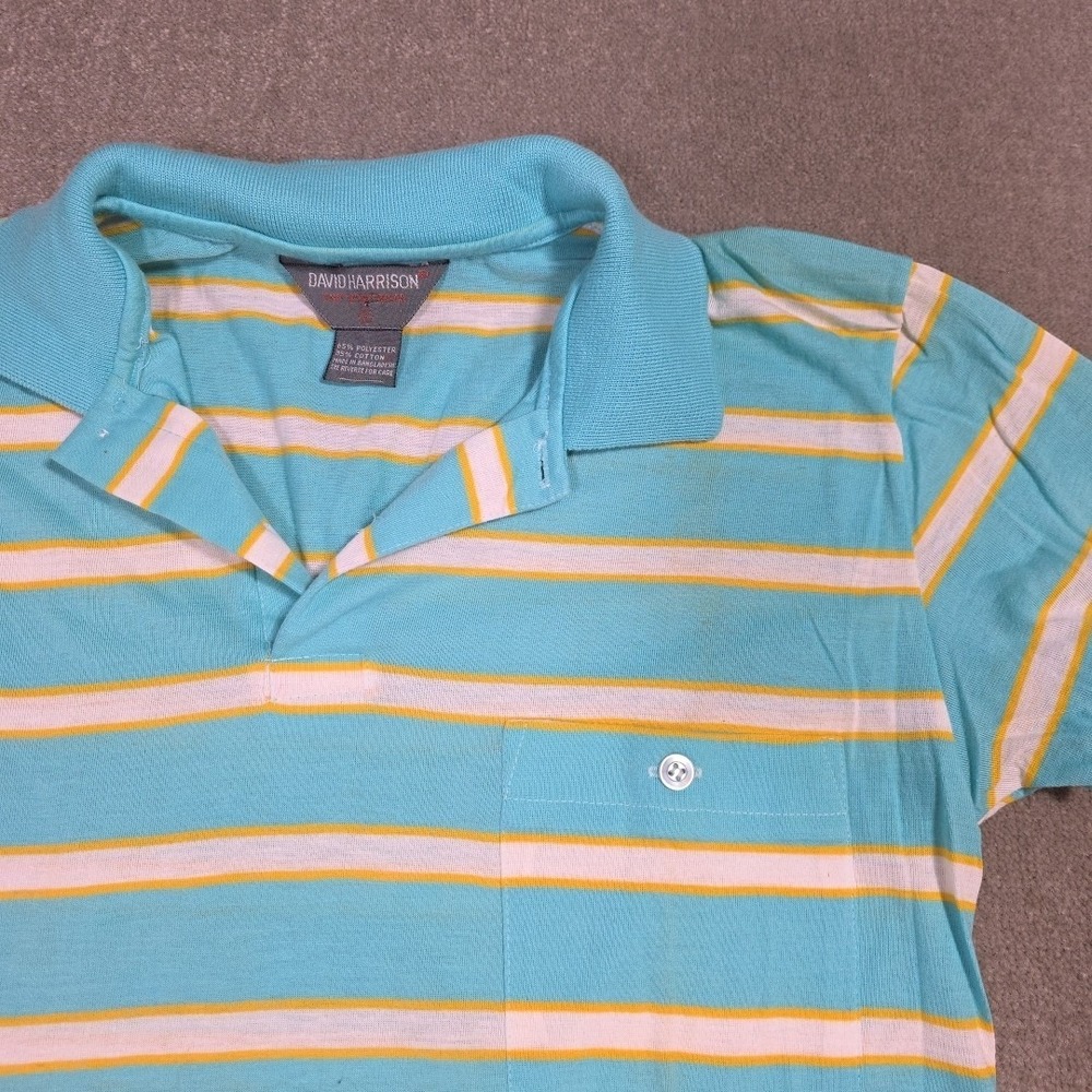 Vintage 70s David-Harrison Shirt Mens S Blue Yellow Stripes Polo Short Sleeve